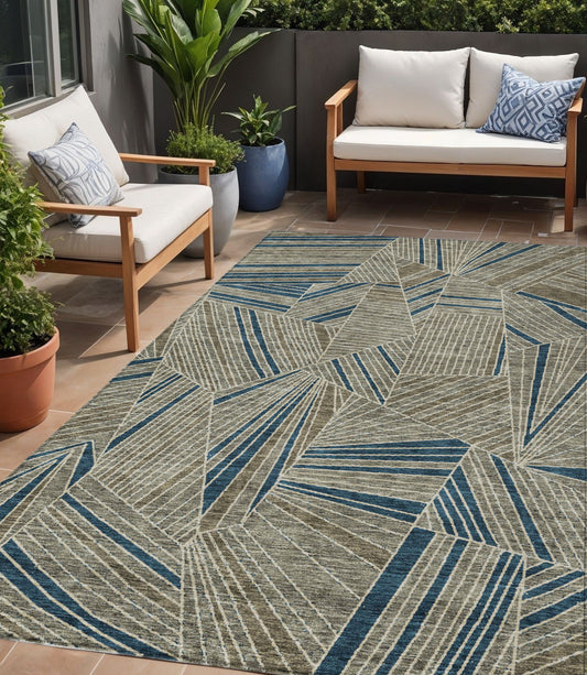 Tabselect Home Line 5' X 8' Taupe Blue And Beige Geometric Washable Indoor Outdoor Area Rug