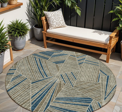 Tabselect Home Line 8' Taupe Blue And Beige Round Geometric Washable Indoor Outdoor Area Rug