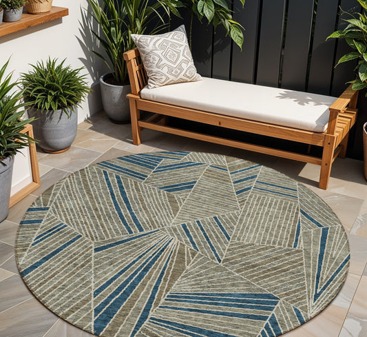 Tabselect Home Line 8' Taupe Blue And Beige Round Geometric Washable Indoor Outdoor Area Rug