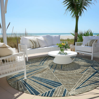 Tabselect Home Line 8' Taupe Blue And Beige Round Geometric Washable Indoor Outdoor Area Rug