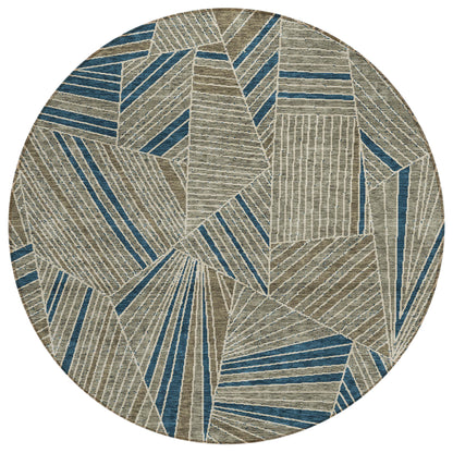 Tabselect Home Line 8' Taupe Blue And Beige Round Geometric Washable Indoor Outdoor Area Rug
