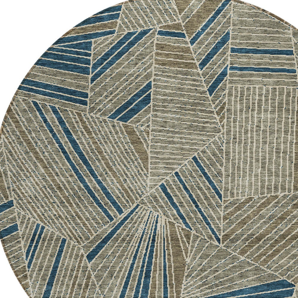 Tabselect Home Line 8' Taupe Blue And Beige Round Geometric Washable Indoor Outdoor Area Rug