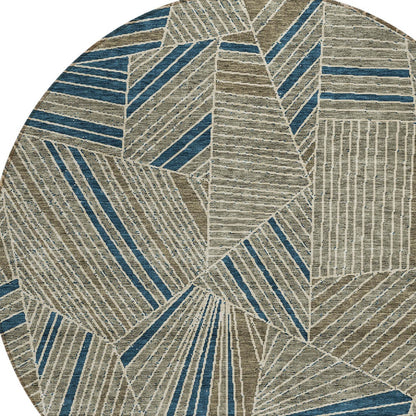 Tabselect Home Line 8' Taupe Blue And Beige Round Geometric Washable Indoor Outdoor Area Rug