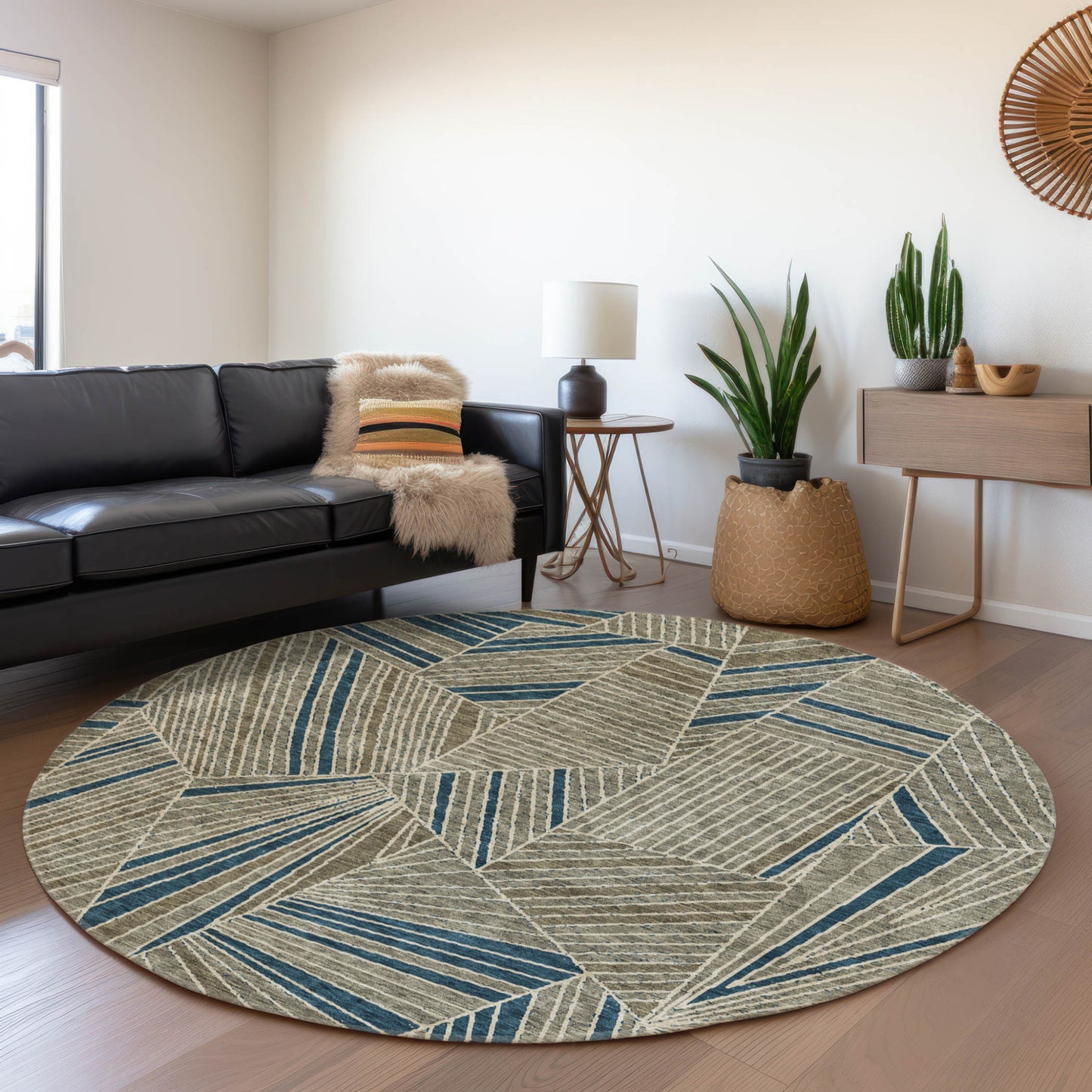 Tabselect Home Line 8' Taupe Blue And Beige Round Geometric Washable Indoor Outdoor Area Rug