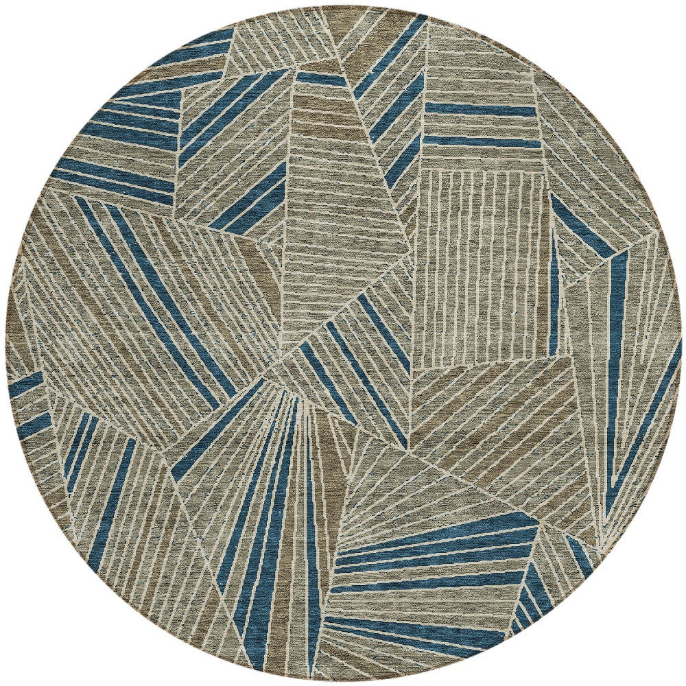 Tabselect Home Line 8' Taupe Blue And Beige Round Geometric Washable Indoor Outdoor Area Rug