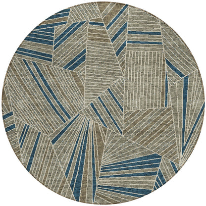 Tabselect Home Line 8' Taupe Blue And Beige Round Geometric Washable Indoor Outdoor Area Rug