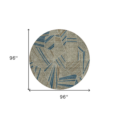 Tabselect Home Line 8' Taupe Blue And Beige Round Geometric Washable Indoor Outdoor Area Rug