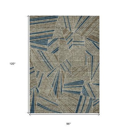 Tabselect Home Line 8' X 10' Taupe Blue And Beige Geometric Washable Indoor Outdoor Area Rug