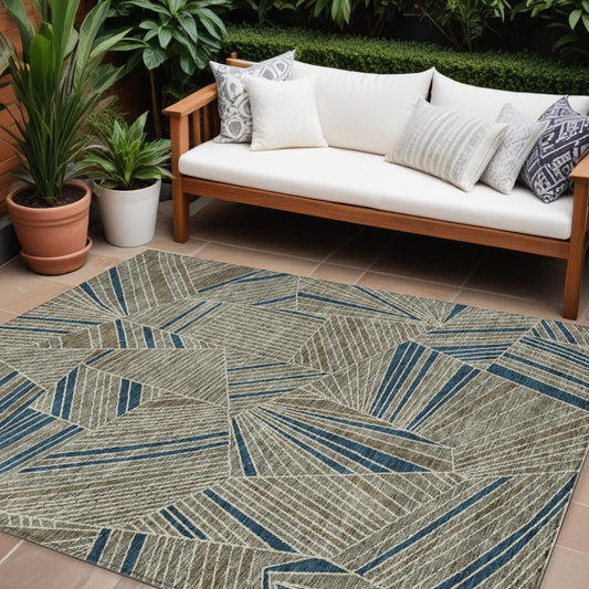 Tabselect Home Line 8' X 10' Taupe Blue And Beige Geometric Washable Indoor Outdoor Area Rug