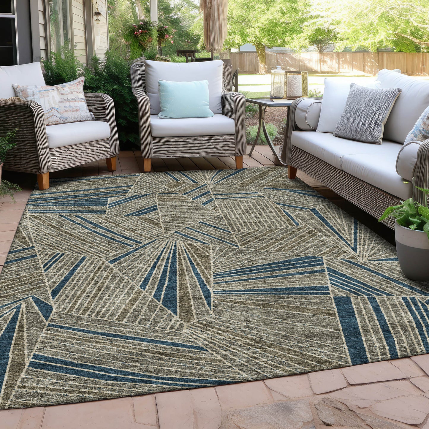 Tabselect Home Line 8' X 10' Taupe Blue And Beige Geometric Washable Indoor Outdoor Area Rug