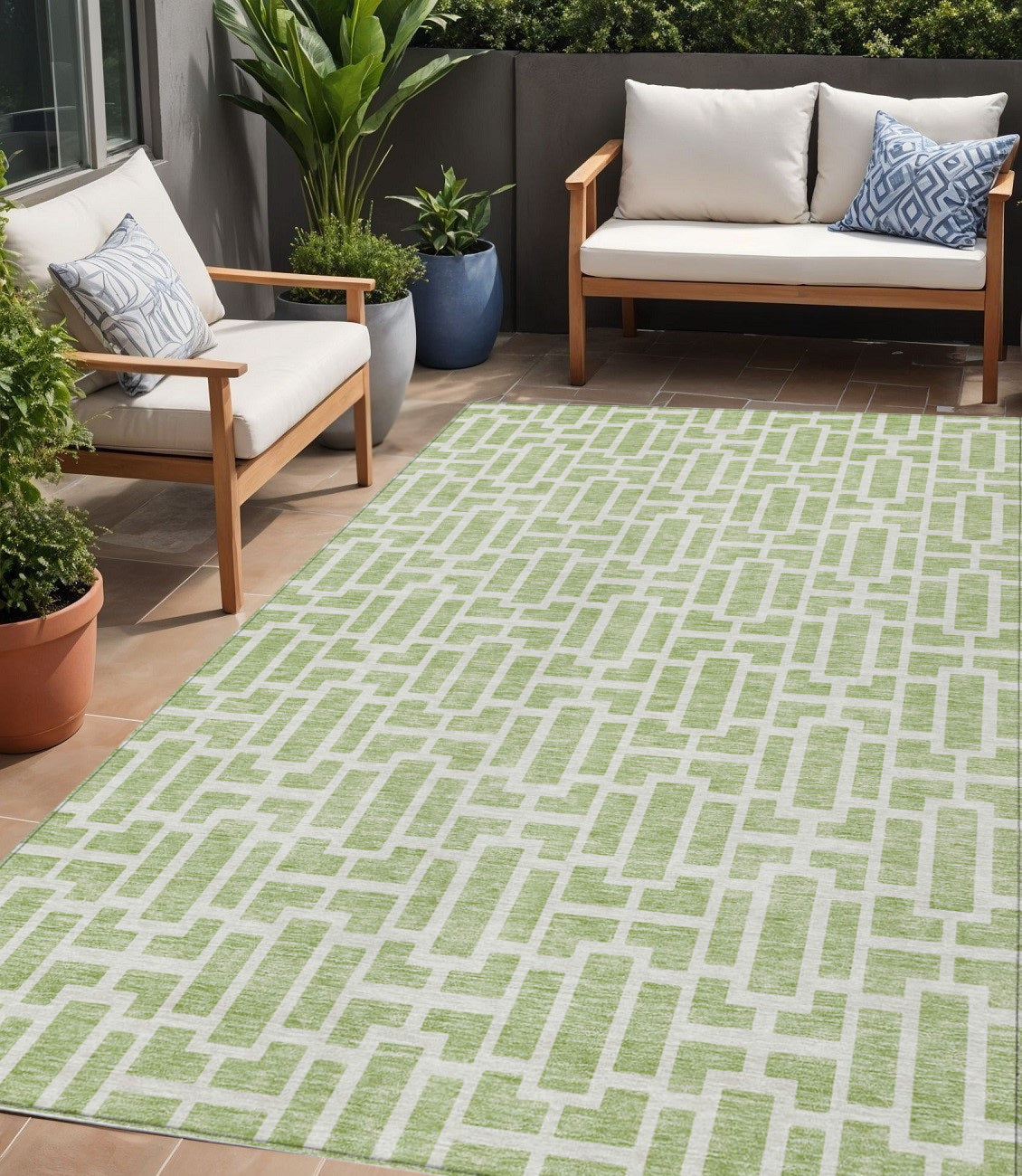 Tabselect Home Line 5' X 8' Artichoke Green And Ivory Geometric Washable Indoor Outdoor Area Rug