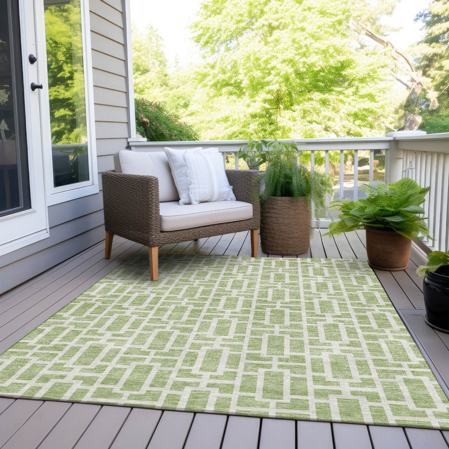 Tabselect Home Line 5' X 8' Artichoke Green And Ivory Geometric Washable Indoor Outdoor Area Rug