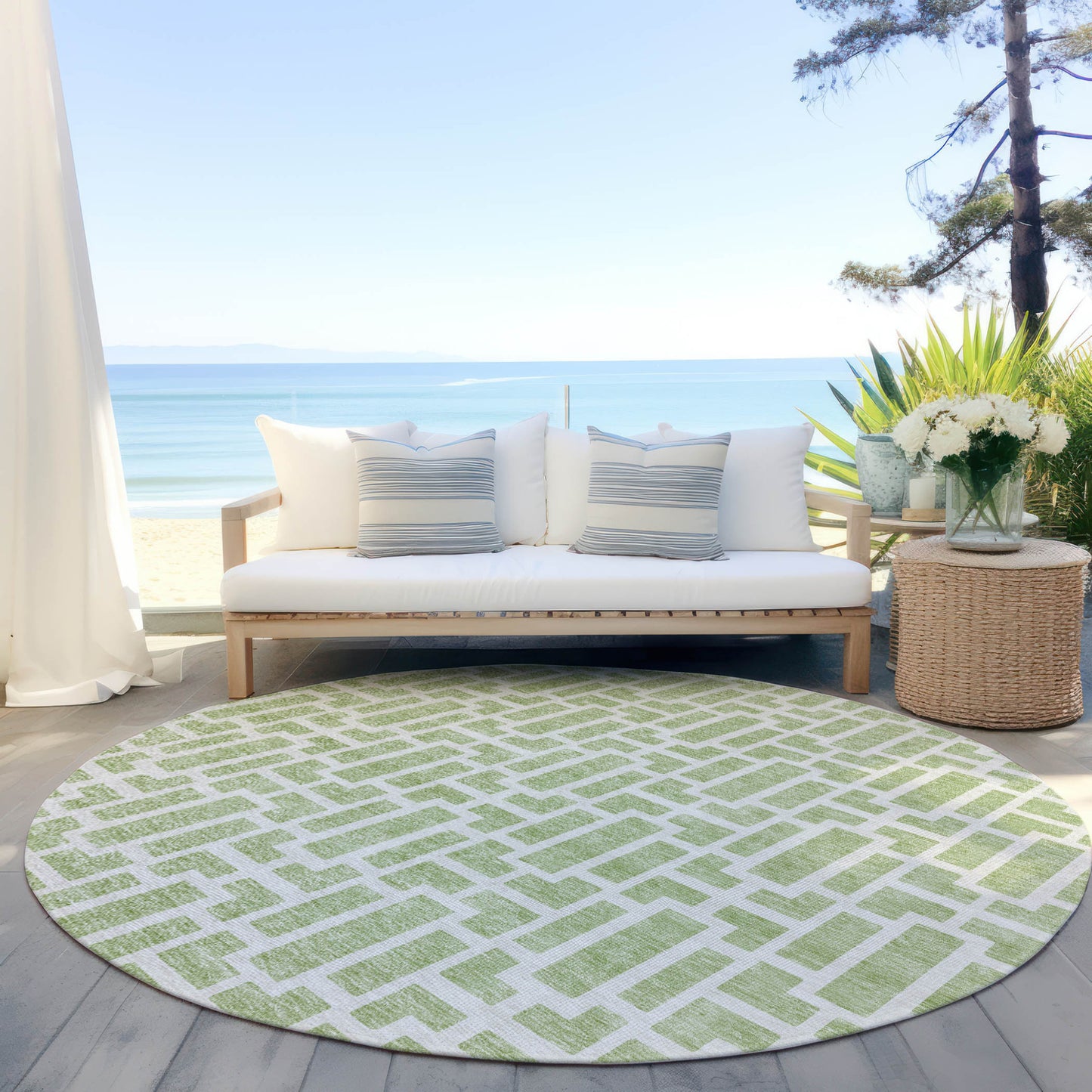 Tabselect Home Line 8' Artichoke Green And Ivory Round Geometric Washable Indoor Outdoor Area Rug