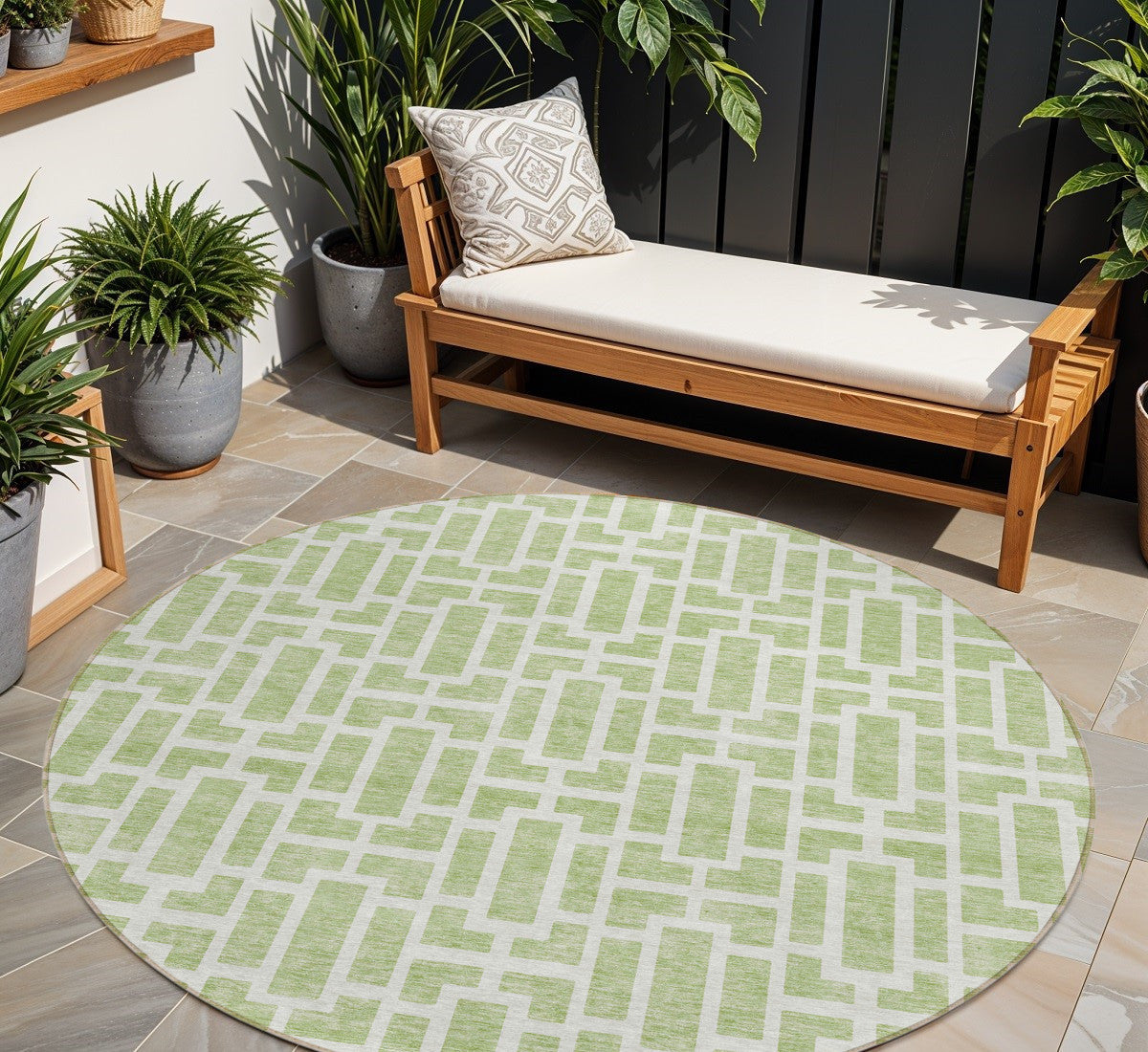 Tabselect Home Line 8' Artichoke Green And Ivory Round Geometric Washable Indoor Outdoor Area Rug