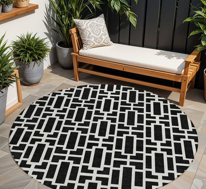 Tabselect Home Line 8' Black And Ivory Round Geometric Washable Indoor Outdoor Area Rug