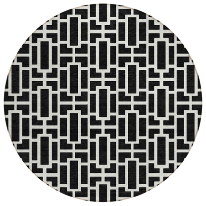 Tabselect Home Line 8' Black And Ivory Round Geometric Washable Indoor Outdoor Area Rug