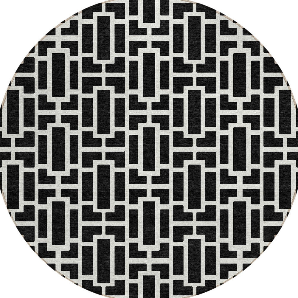Tabselect Home Line 8' Black And Ivory Round Geometric Washable Indoor Outdoor Area Rug