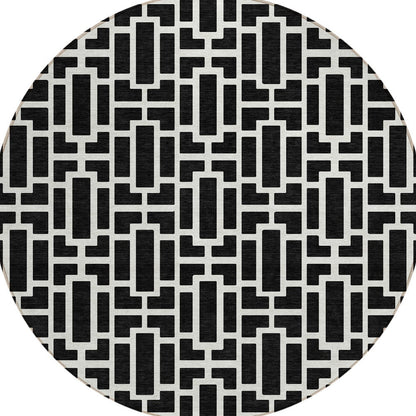 Tabselect Home Line 8' Black And Ivory Round Geometric Washable Indoor Outdoor Area Rug