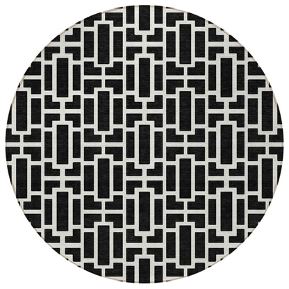 Tabselect Home Line 8' Black And Ivory Round Geometric Washable Indoor Outdoor Area Rug