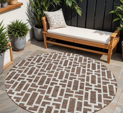 Tabselect Home Line 8' Brown And Beige Round Geometric Washable Indoor Outdoor Area Rug