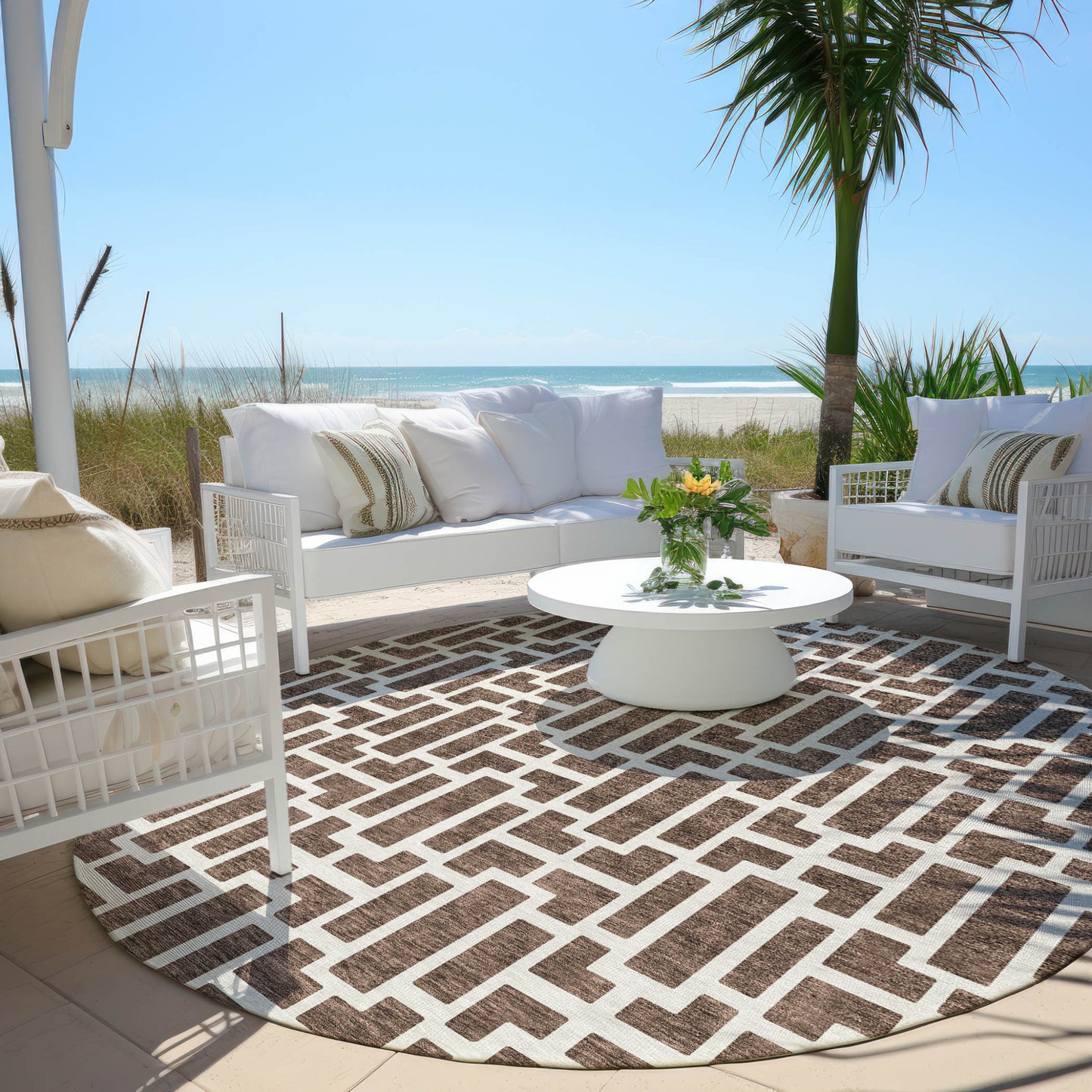 Tabselect Home Line 8' Brown And Beige Round Geometric Washable Indoor Outdoor Area Rug