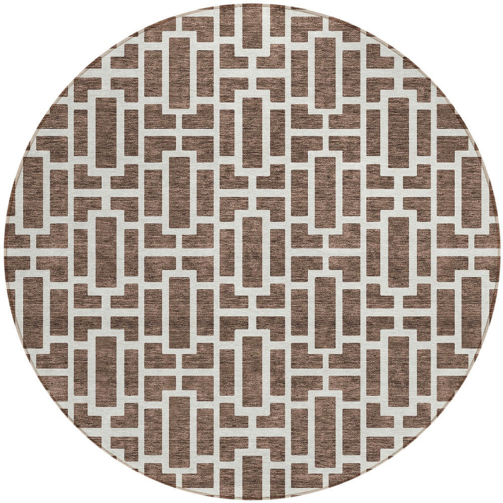 Tabselect Home Line 8' Brown And Beige Round Geometric Washable Indoor Outdoor Area Rug