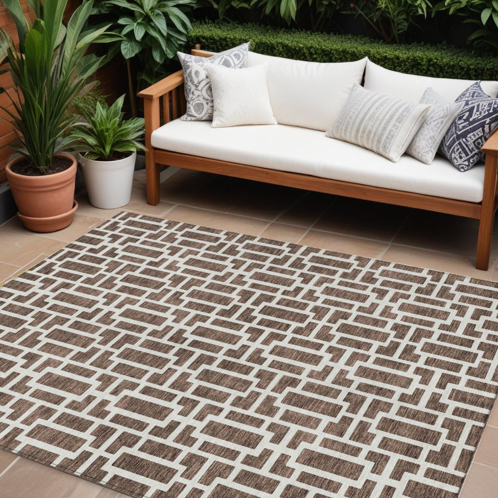 Tabselect Home Line 8' X 10' Brown And Beige Geometric Washable Indoor Outdoor Area Rug