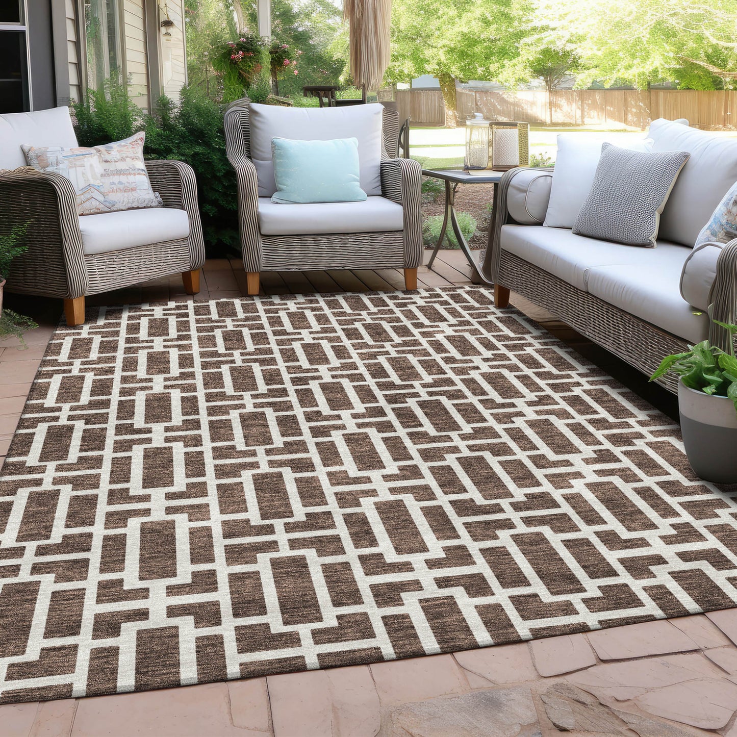 Tabselect Home Line 8' X 10' Brown And Beige Geometric Washable Indoor Outdoor Area Rug