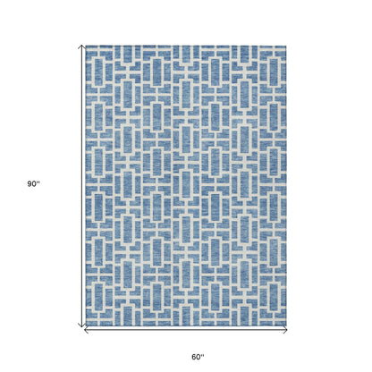 Tabselect Home Line 5' X 8' Denim Blue And Ivory Geometric Washable Indoor Outdoor Area Rug