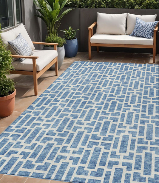 Tabselect Home Line 5' X 8' Denim Blue And Ivory Geometric Washable Indoor Outdoor Area Rug