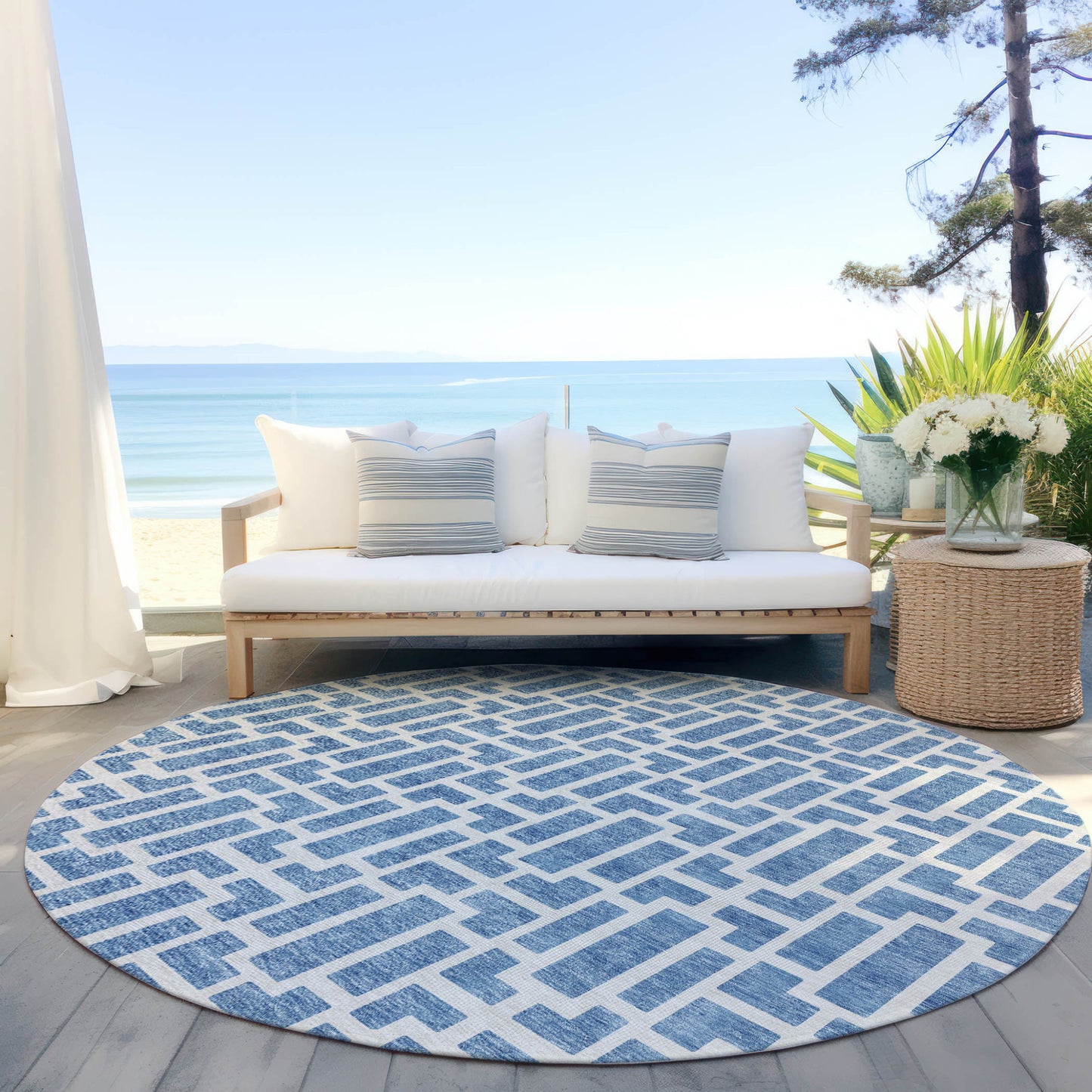 Tabselect Home Line 8' Denim Blue And Ivory Round Geometric Washable Indoor Outdoor Area Rug