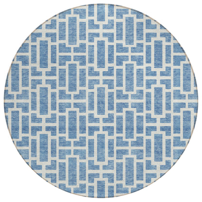 Tabselect Home Line 8' Denim Blue And Ivory Round Geometric Washable Indoor Outdoor Area Rug