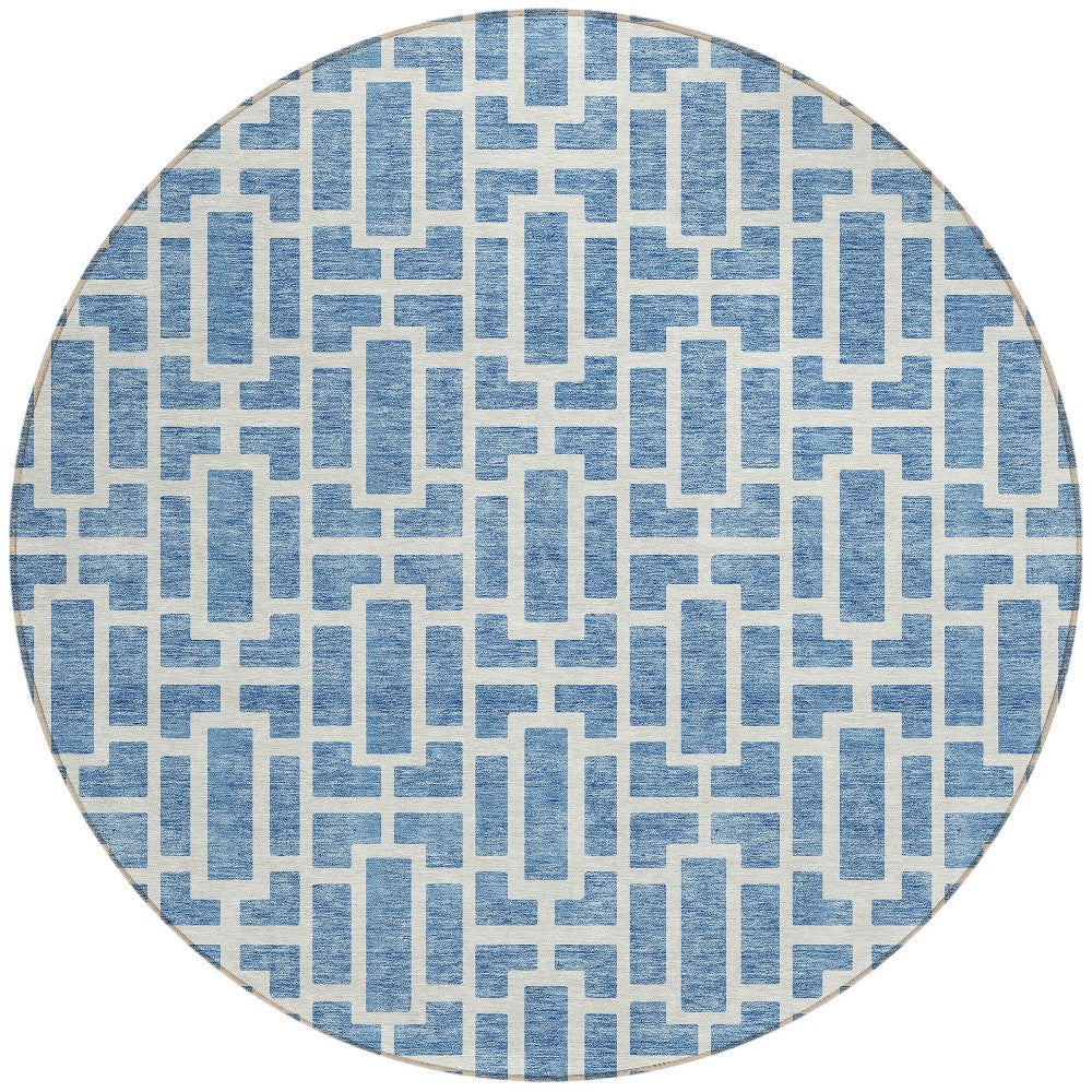 Tabselect Home Line 8' Denim Blue And Ivory Round Geometric Washable Indoor Outdoor Area Rug
