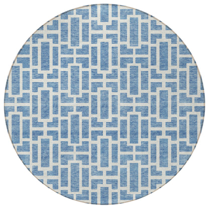 Tabselect Home Line 8' Denim Blue And Ivory Round Geometric Washable Indoor Outdoor Area Rug