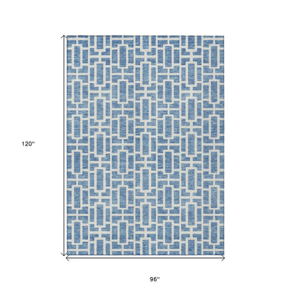 Tabselect Home Line 8' X 10' Denim Blue And Ivory Geometric Washable Indoor Outdoor Area Rug