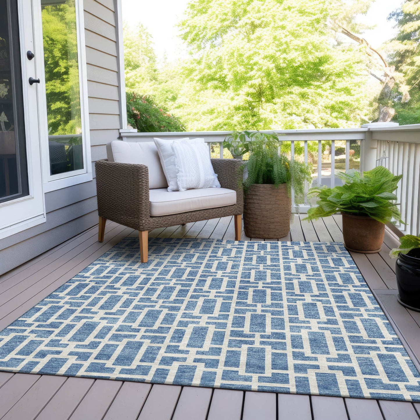 Tabselect Home Line 8' X 10' Denim Blue And Ivory Geometric Washable Indoor Outdoor Area Rug