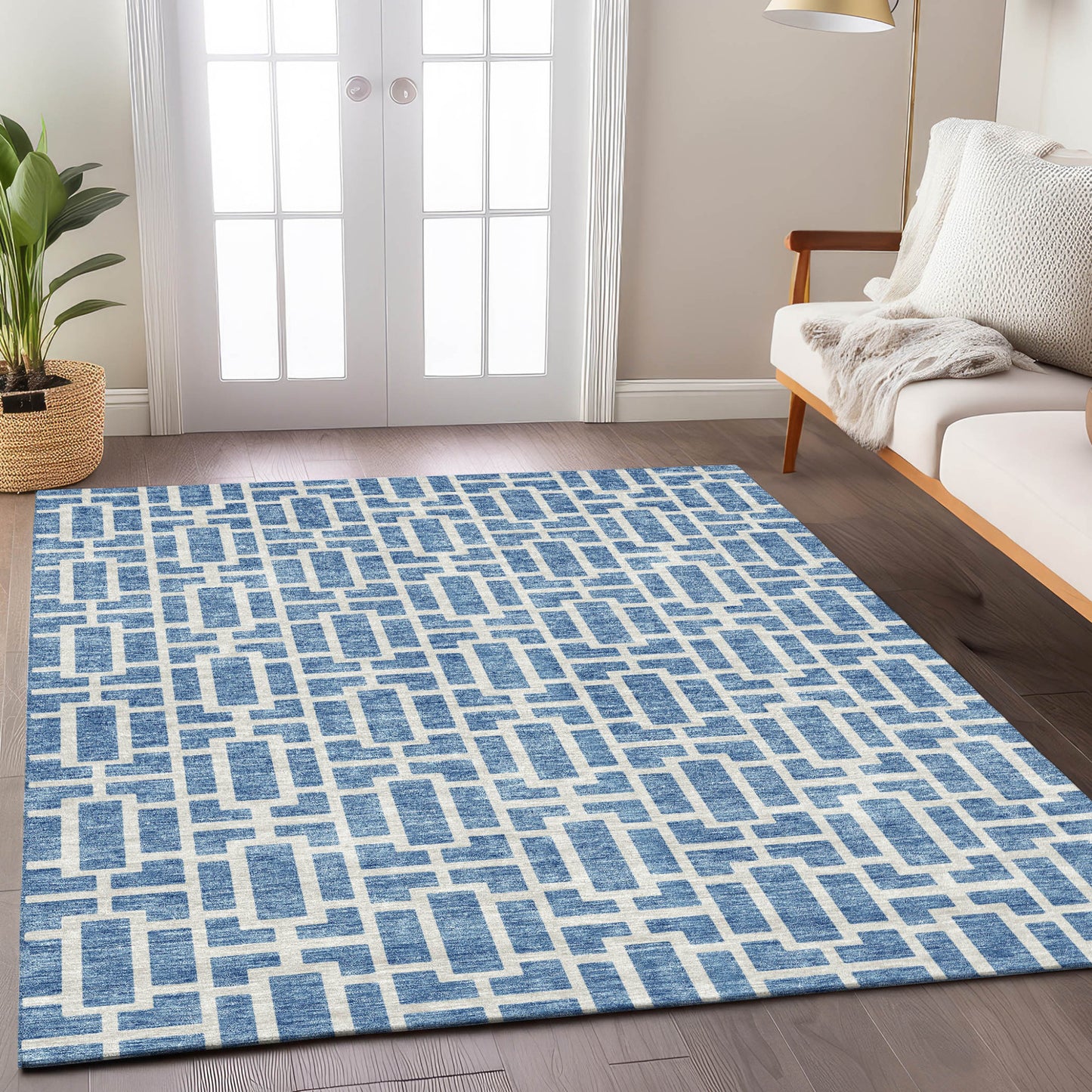 Tabselect Home Line 8' X 10' Denim Blue And Ivory Geometric Washable Indoor Outdoor Area Rug