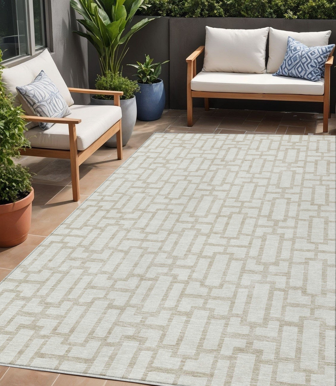 Tabselect Home Line 5' X 8' Ivory And Beige Geometric Washable Indoor Outdoor Area Rug