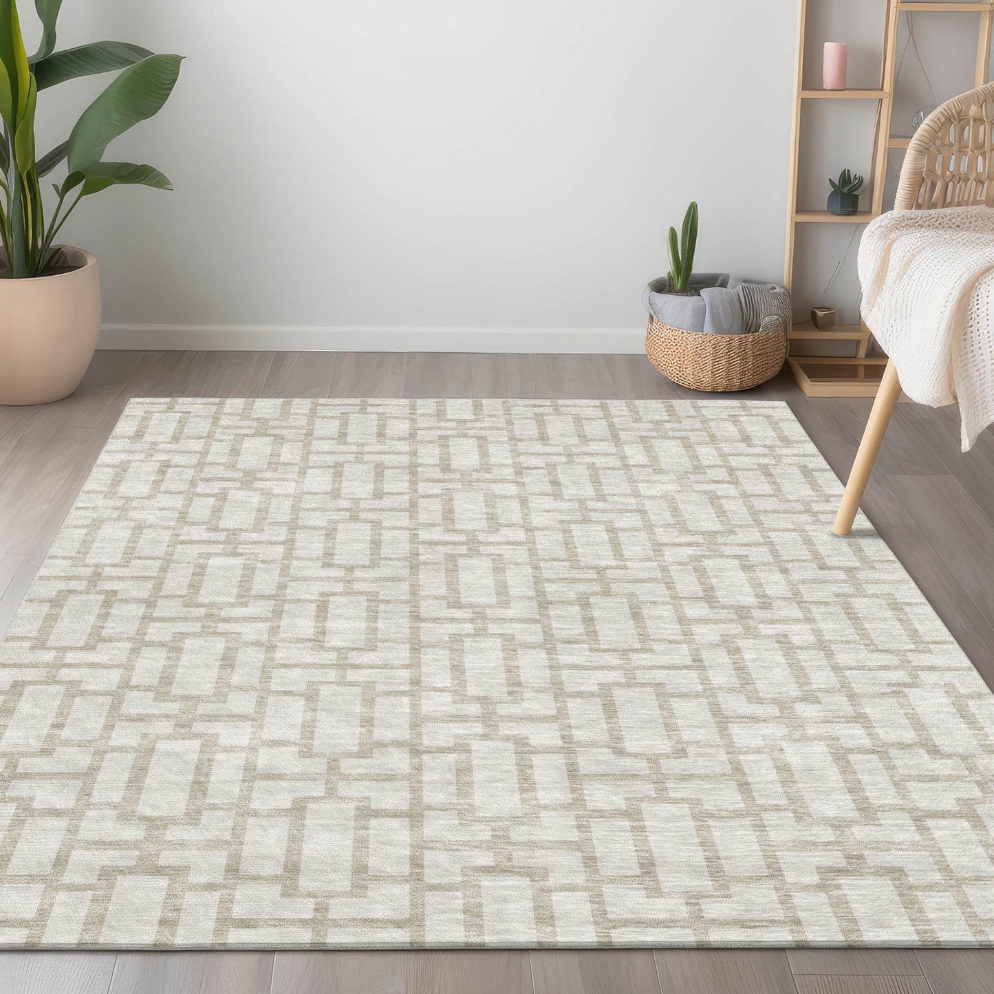 Tabselect Home Line 5' X 8' Ivory And Beige Geometric Washable Indoor Outdoor Area Rug