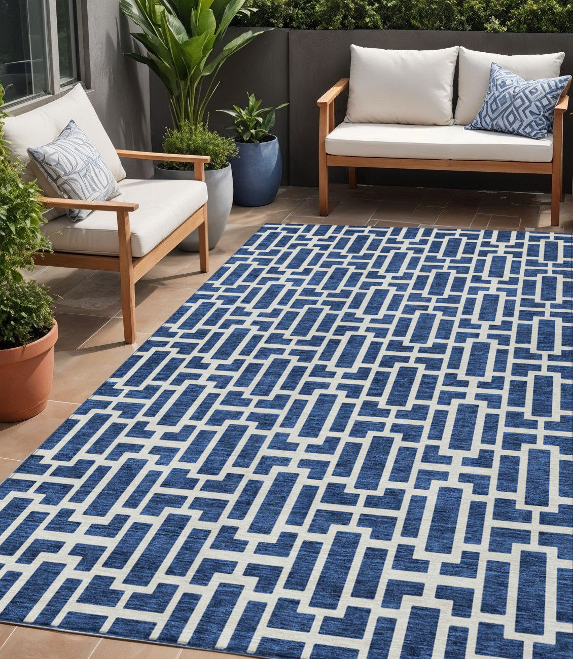 Tabselect Home Line 5' X 8' Navy Blue And Ivory Geometric Washable Indoor Outdoor Area Rug