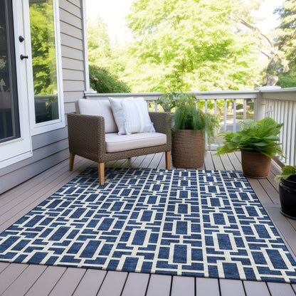 Tabselect Home Line 5' X 8' Navy Blue And Ivory Geometric Washable Indoor Outdoor Area Rug