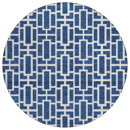 Tabselect Home Line 8' Navy Blue And Ivory Round Geometric Washable Indoor Outdoor Area Rug