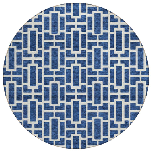 Tabselect Home Line 8' Navy Blue And Ivory Round Geometric Washable Indoor Outdoor Area Rug