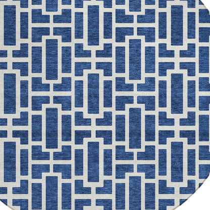 Tabselect Home Line 8' Navy Blue And Ivory Round Geometric Washable Indoor Outdoor Area Rug