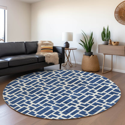 Tabselect Home Line 8' Navy Blue And Ivory Round Geometric Washable Indoor Outdoor Area Rug