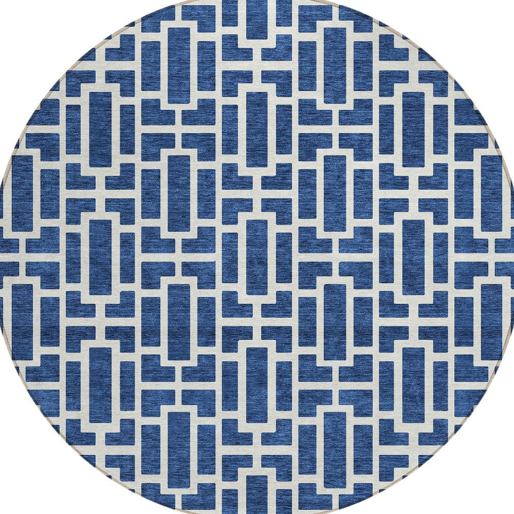 Tabselect Home Line 8' Navy Blue And Ivory Round Geometric Washable Indoor Outdoor Area Rug