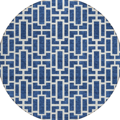 Tabselect Home Line 8' Navy Blue And Ivory Round Geometric Washable Indoor Outdoor Area Rug