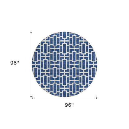 Tabselect Home Line 8' Navy Blue And Ivory Round Geometric Washable Indoor Outdoor Area Rug