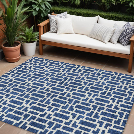 Tabselect Home Line 8' X 10' Navy Blue And Ivory Geometric Washable Indoor Outdoor Area Rug