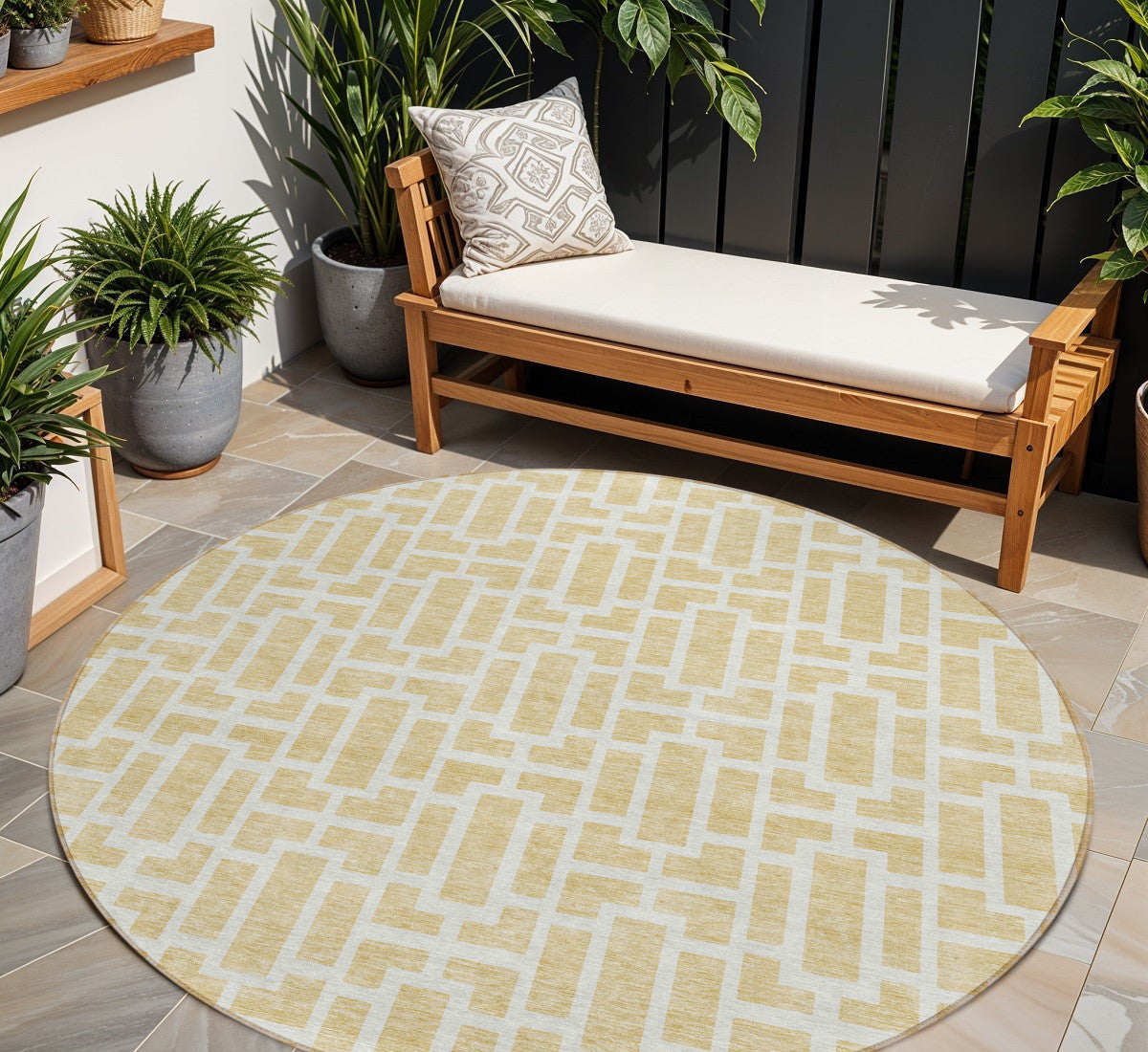 Tabselect Home Line 8' Wheat And Ivory Round Geometric Washable Indoor Outdoor Area Rug